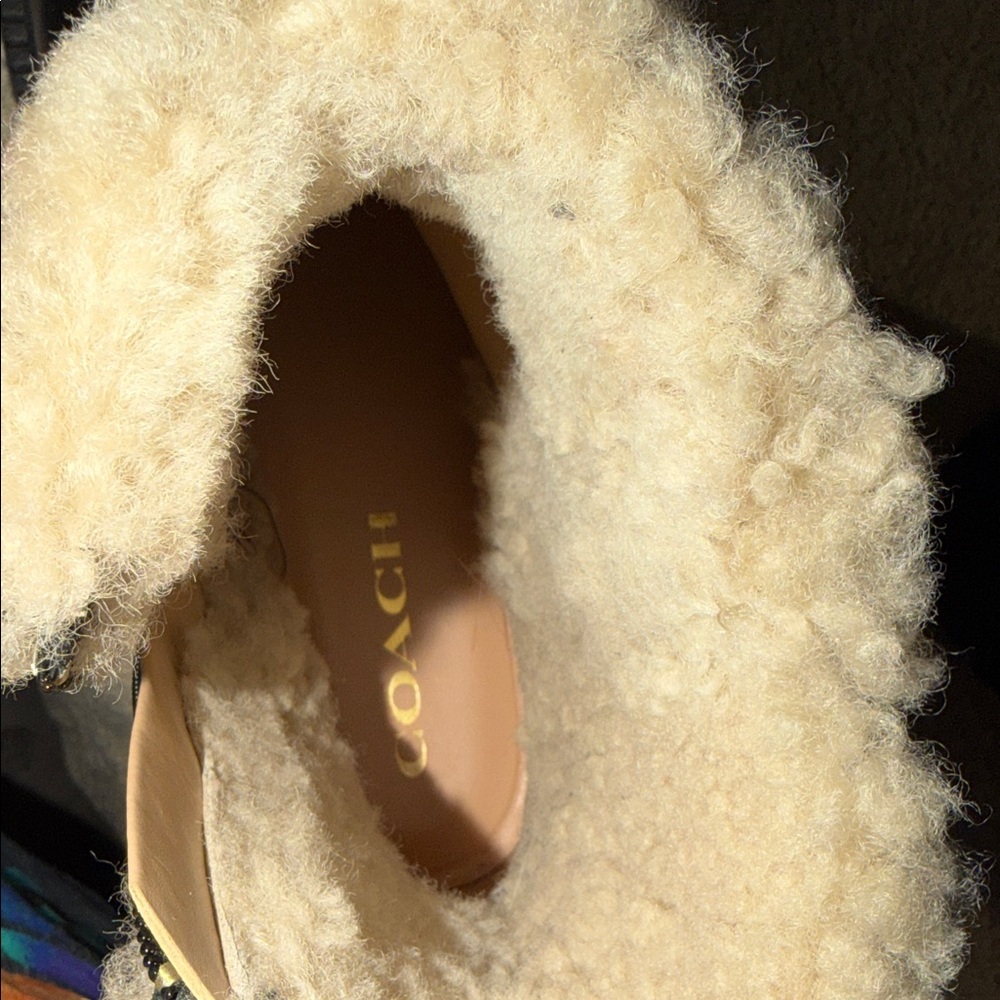 Coach Black Leather Lace-Up Platform Boots with Cream Shearling Trim - Picture 7 of 11